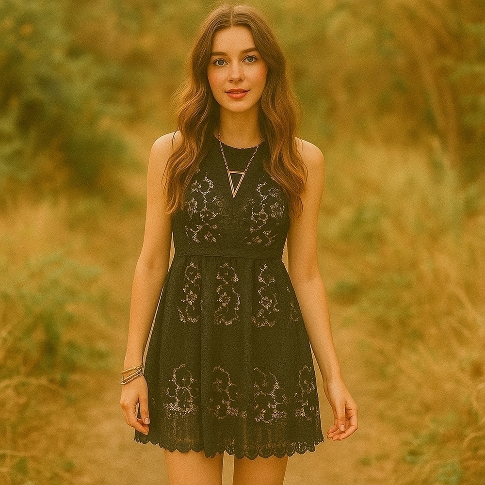 Free People Rocco Black Lace Open Back Mini Dress | Size 8 | EUC | Retail $385